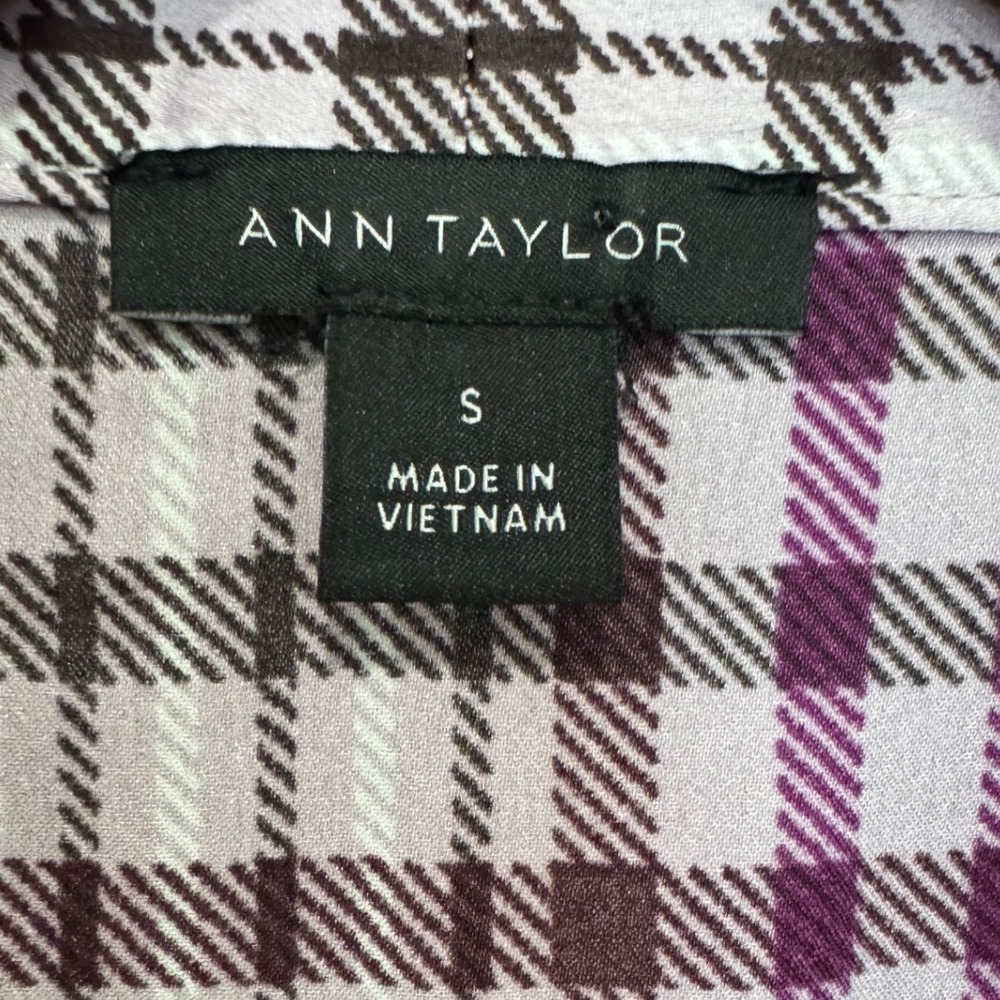 Ann Taylor Purple Plaid Tie Neck Blouse Long Sleeve Bow Top Size S Office Work - Picture 5 of 6
